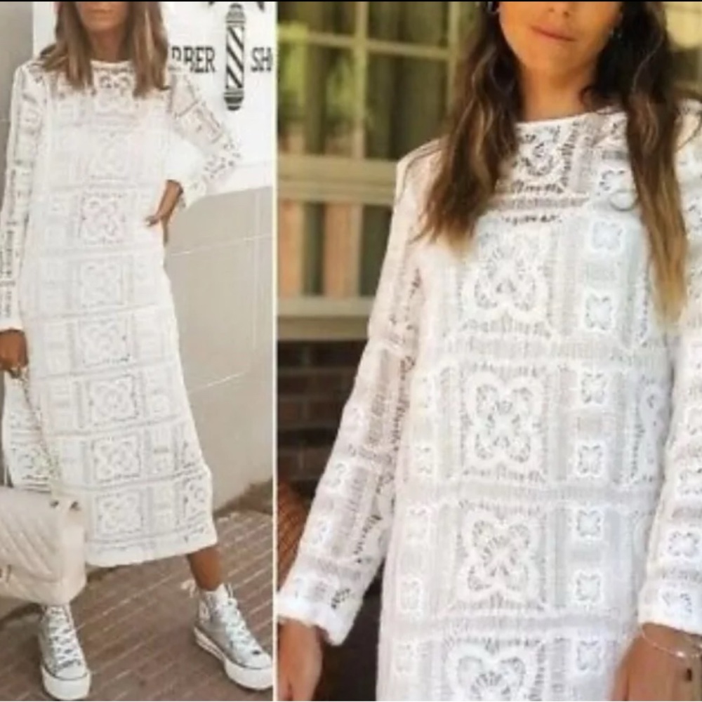 Zara Dreamweaver White Crochet Midi Dress